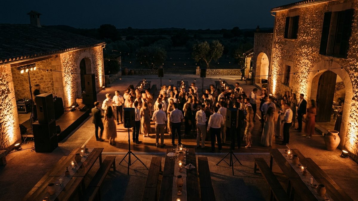 Elevated view of a Mallorcan finca courtyard at night set up for around two hundred guests, with the main stacks beside the stage and two fill boxes towards the dining area