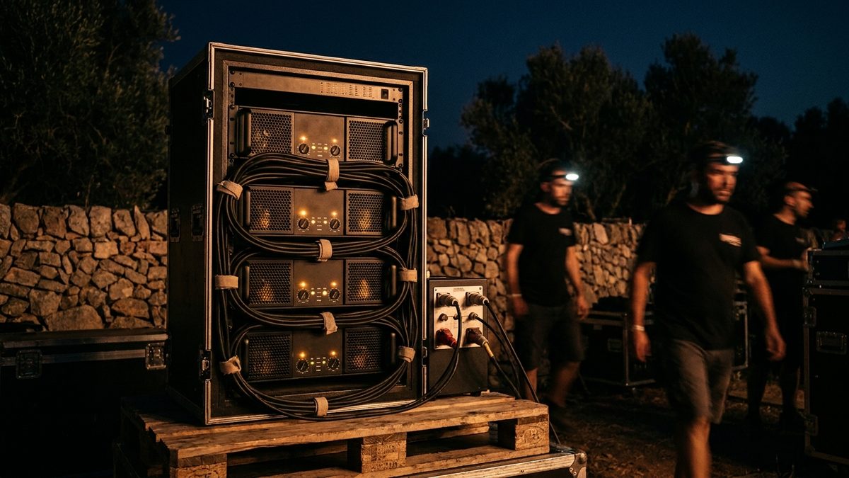 A touring amplifier rack on a pallet behind an outdoor stage in Mallorca, with four power amplifiers stacked, ventilation grilles and amber meters lit