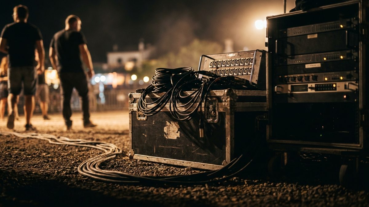 Signal chain laid out on a flight case at a night-time event: a stagebox full of XLR connectors, coiled microphone cables, a multicore snake and a rack of electronics with small amber indicator lights