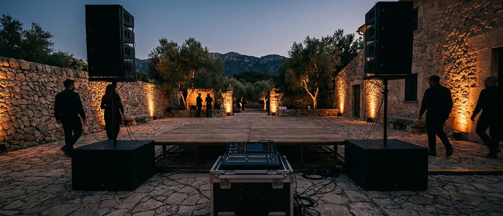 Komplette professionelle Beschallungsanlage im Innenhof einer mallorquinischen Finca in der Dämmerung, mit zwei Stacks neben einer Bühne und einem Digitalpult am Regieplatz