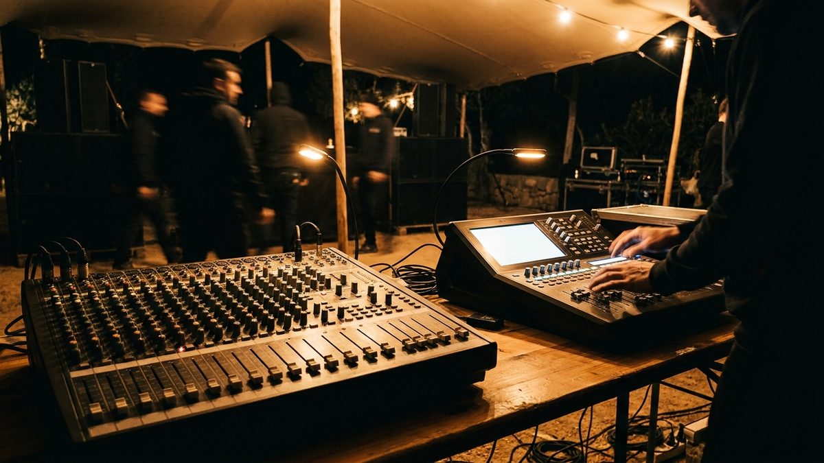 Two mixing consoles side by side on a long table under a canopy at a night-time event: an analogue desk covered in physical knobs and a compact digital desk with a lit screen and motorised faders