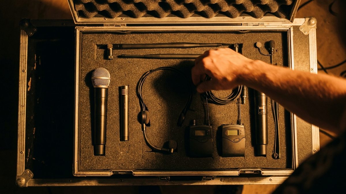 Overhead view inside a flight case lined with grey foam: a handheld dynamic microphone, a pencil condenser, a headset, a lavalier capsule, bodypack transmitters and antennas, lit in amber