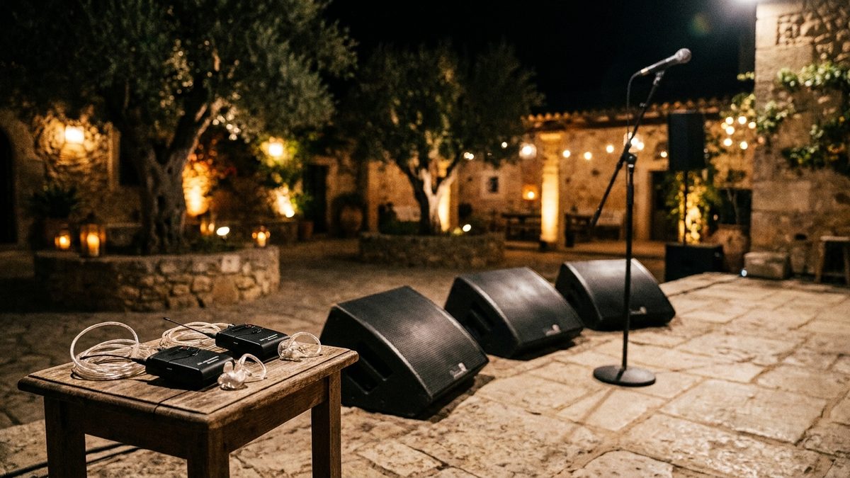 An empty outdoor stage at night at a Mallorcan finca with three wedge monitors angled towards the performer positions and, on a side table, two in-ear receivers with moulded earpieces