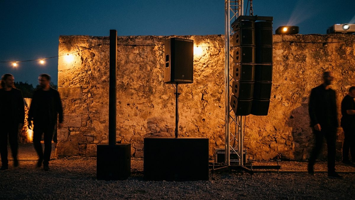 Three different PA systems lined up on gravel in front of a Mallorcan stone wall at dusk: a slim column, a point-source box over a subwoofer and a line array flown from a tower