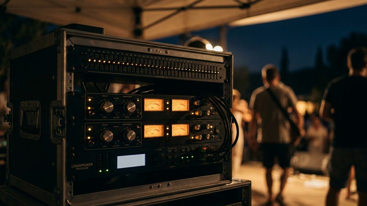 A rack of audio processing at a night-time event: a graphic equaliser with many sliders, two compressors with meters and a digital loudspeaker processor, all with amber indicator lights