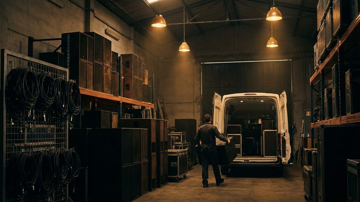Inside a sound rental warehouse in Mallorca in the late afternoon, with shelves of loudspeaker cabinets, stacked flight cases, coiled cables on the wall and a van being loaded
