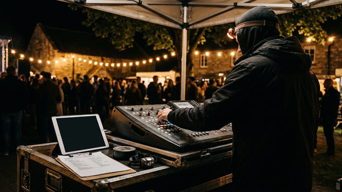 A front-of-house control position at a night-time outdoor event with a digital console on a flight case under a canopy, a tablet, a notebook and an engineer seen from behind adjusting a fader