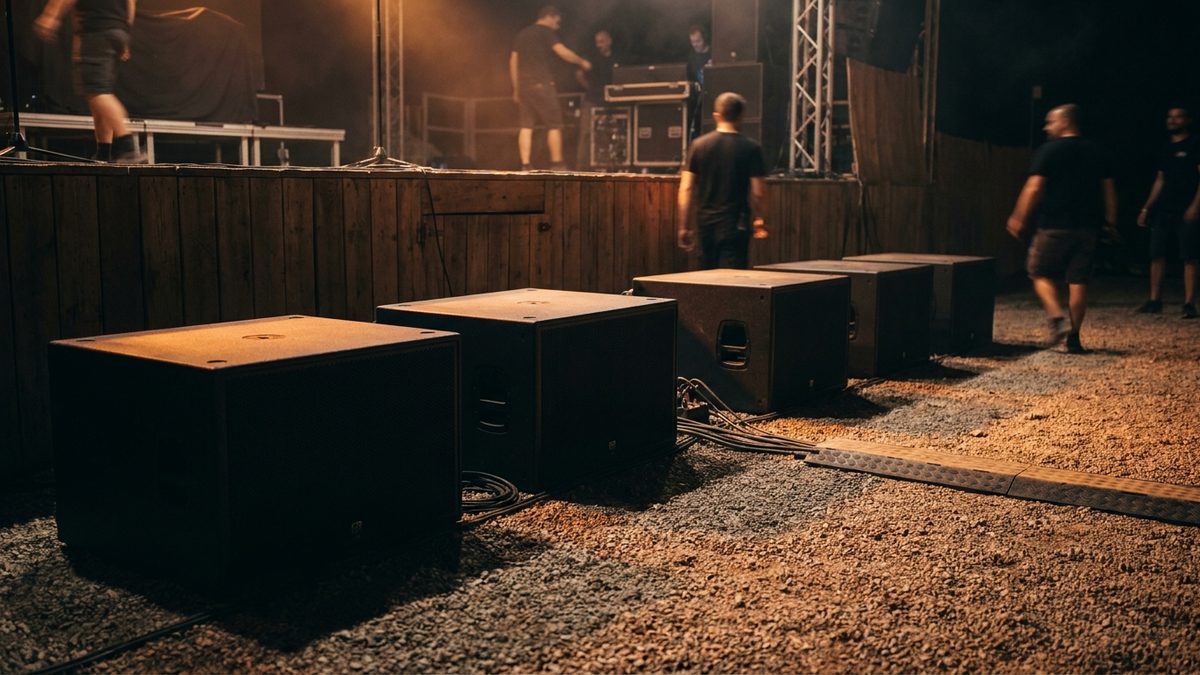 A row of four subwoofers sitting on gravel in front of an outdoor stage at night in Mallorca, one turned to face backwards in a cardioid arrangement, with cables protected by rubber ramps