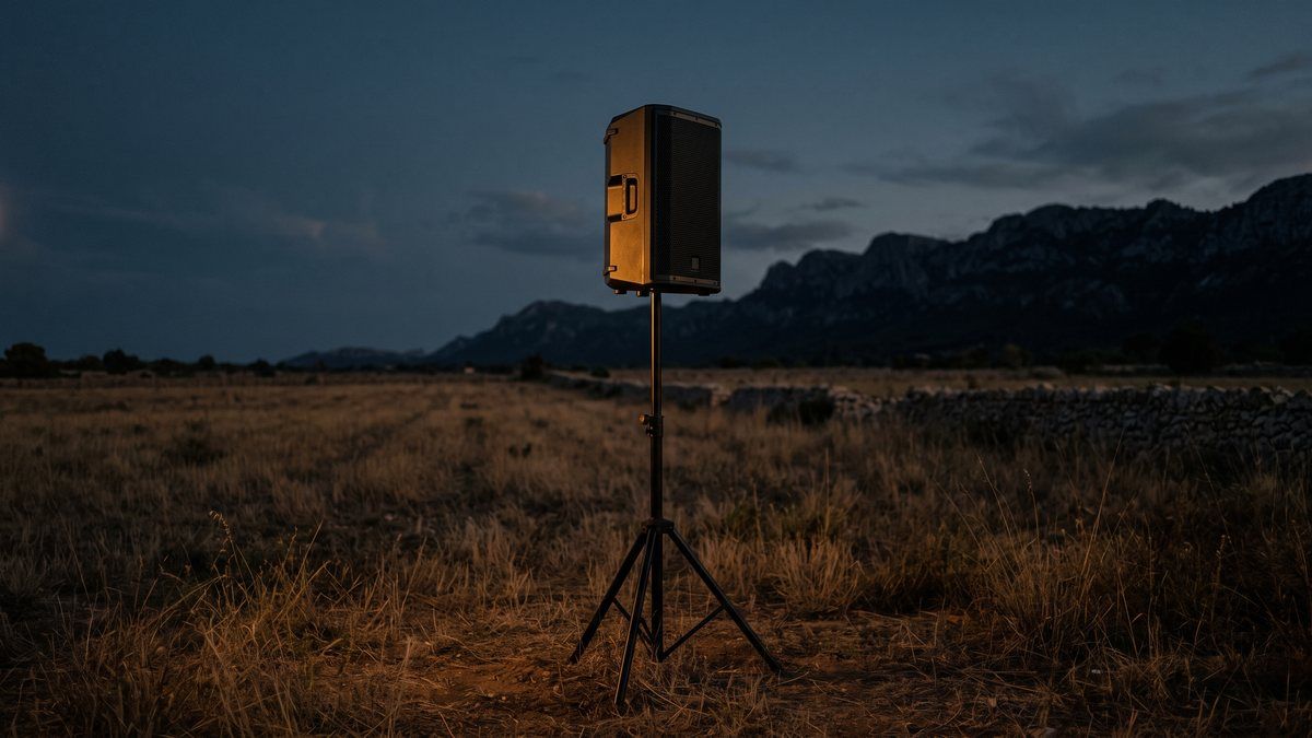 A professional loudspeaker on a tripod in the middle of a Mallorcan field at dusk, with no nearby surface to return any sound