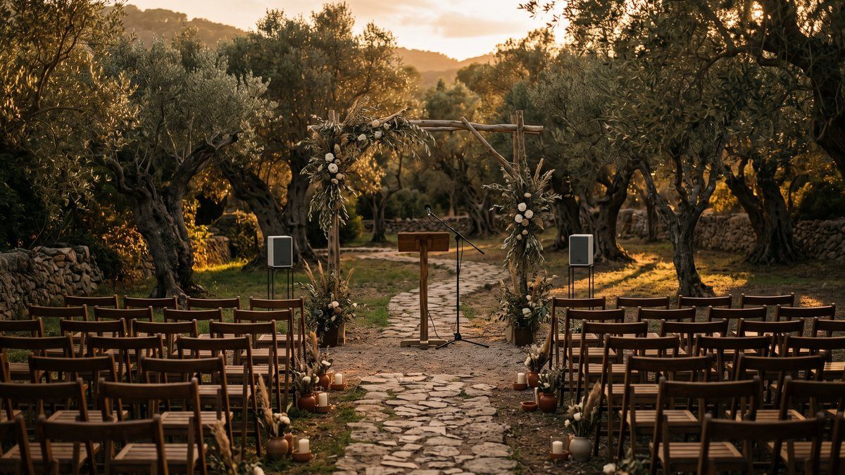 Outdoor ceremony set up in a Mallorcan olive grove at golden hour, with empty wooden chairs, a floral arch and two small discreet speakers placed at the sides