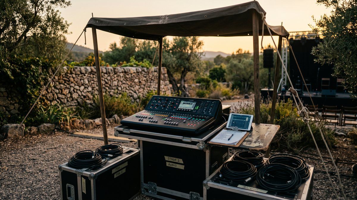 Outdoor sound control position at a Mallorcan finca in late afternoon: digital desk on a flight case under a canopy, tablet and coiled cables