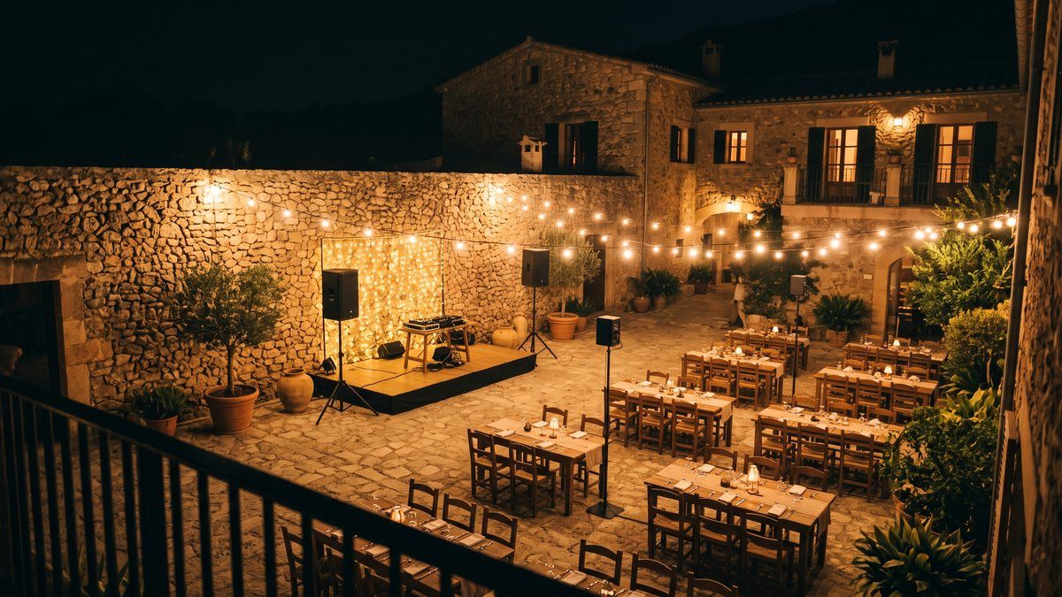 Elevated view of a Mallorcan finca courtyard set for an evening event, with the main boxes beside the stage and two fill speakers placed towards the dining area