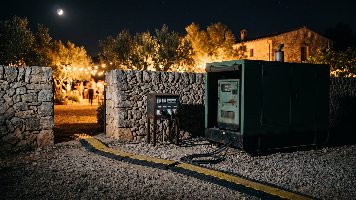 Silenced generator on gravel behind a dry-stone wall at a Mallorcan finca at night, with power cabling protected by ramps and a distribution board