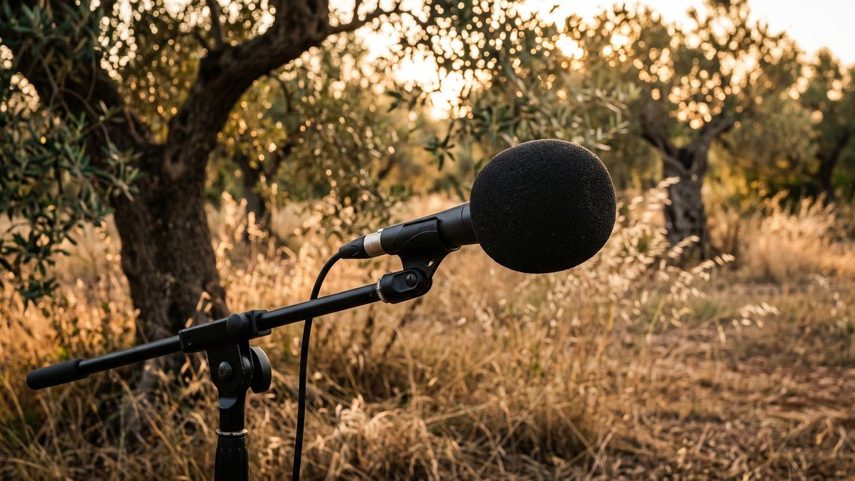 Dynamic microphone with a dense foam windshield on a boom stand in a Mallorcan olive grove at golden hour, with dry grass moving in the breeze