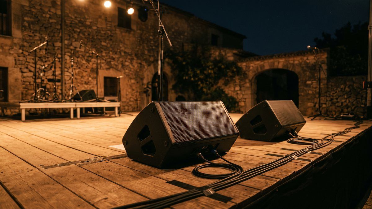 Two black wedge monitors angled towards the front edge of a wooden outdoor stage at a Mallorcan finca at night, with tidy cabling and amber wash from above