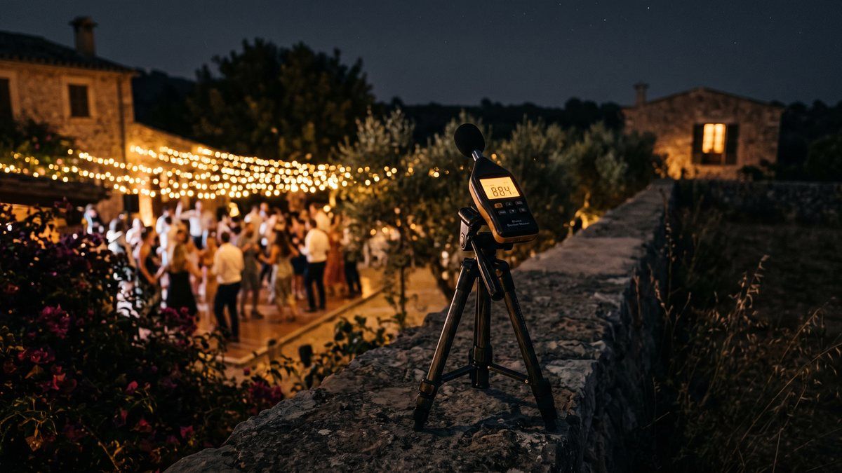 Sound level meter on a tripod at the edge of a Mallorcan finca terrace at night, facing the amber-lit party area with a neighbouring house in the distance