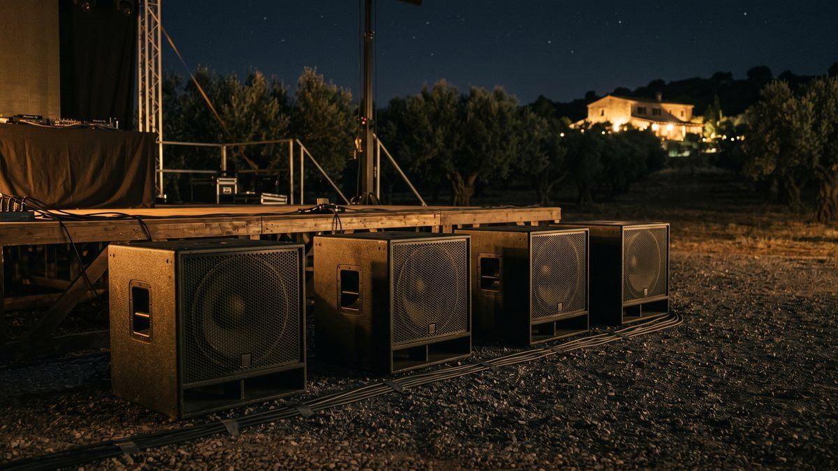 A row of four professional subwoofers on the ground in front of a low outdoor stage at a Mallorcan finca at night, with cabling protected and a lit farmhouse in the distance
