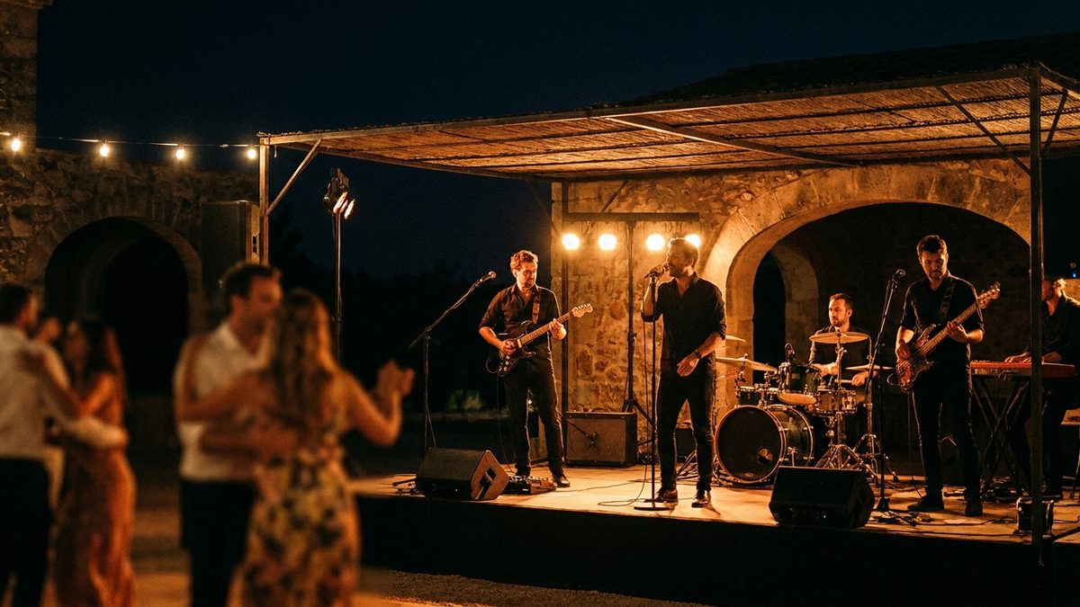 A five-piece cover band playing on an outdoor stage at a Mallorcan finca wedding, with warm amber front light and gold backlight