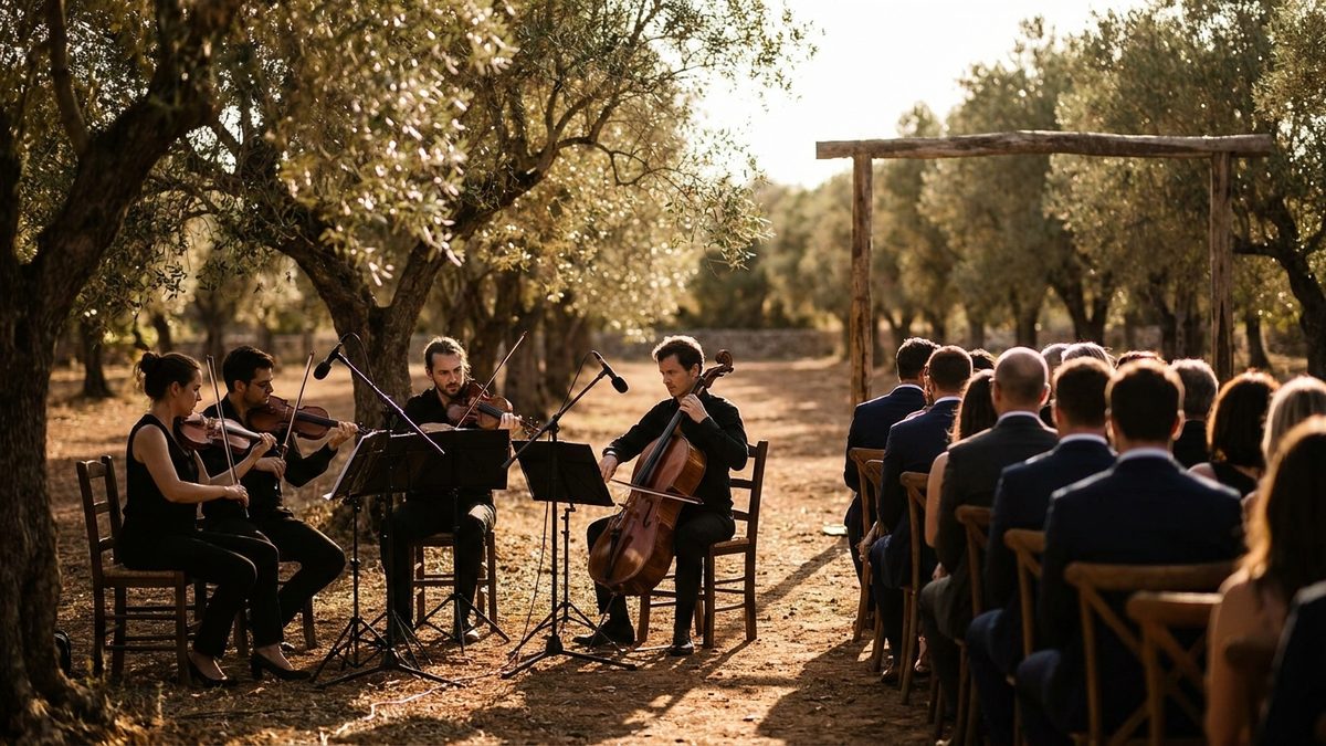 A string quartet playing during an outdoor wedding ceremony in a Mallorcan olive grove at golden hour, with wooden chairs and guests seen from behind
