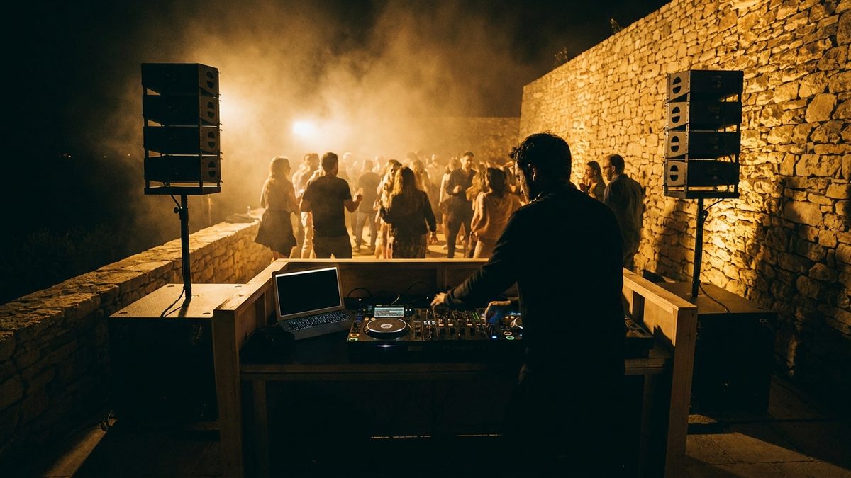 A DJ working behind an unbranded booth on the stone terrace of a Mallorcan finca at night, with the dance floor lit in amber behind