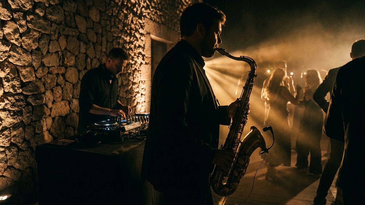 A saxophonist playing live next to a DJ booth on a Mallorcan terrace at night, with golden backlight and haze behind