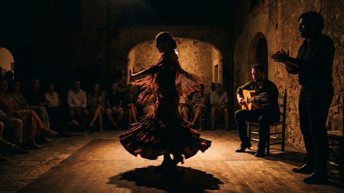 A flamenco dancer mid-turn on a wooden deck at a Mallorcan finca at night, with a guitarist and palmero seated behind under an amber spotlight