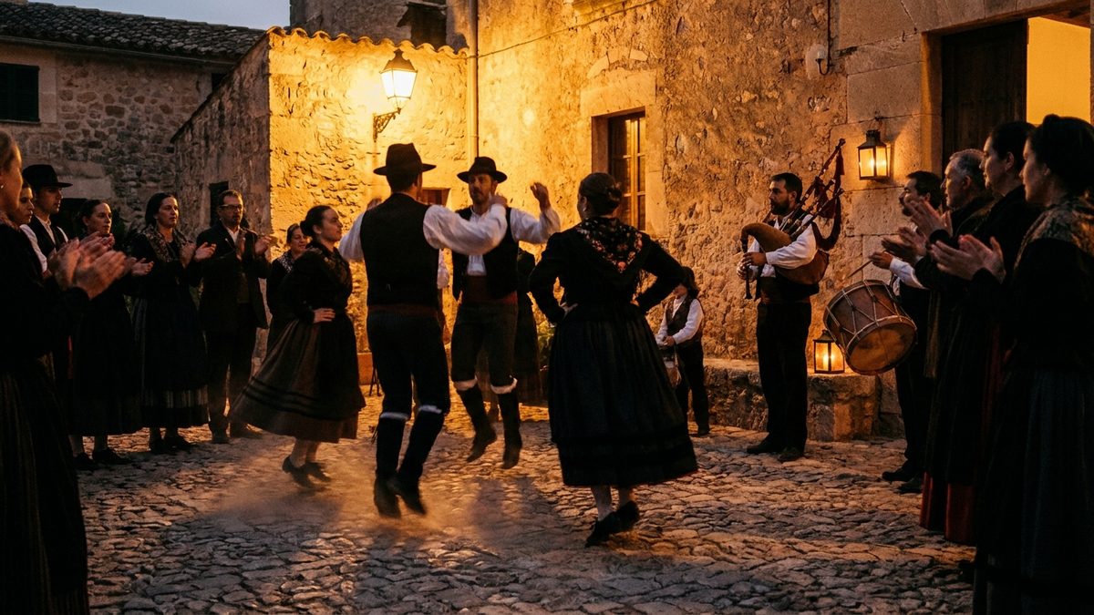 A Mallorcan folk group in traditional dress dancing ball de bot in the courtyard of a stone possessió at dusk, with a xeremier playing alongside