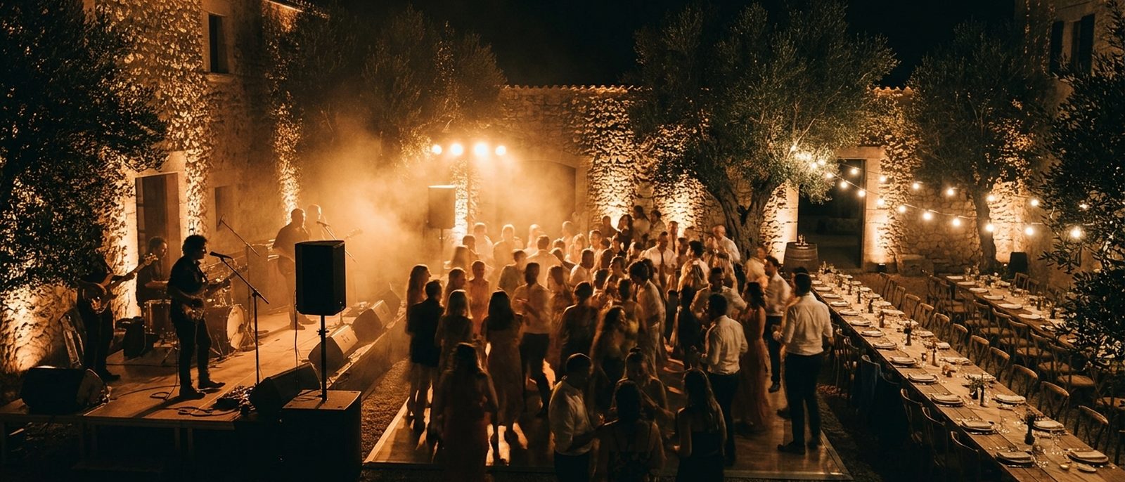 Innenhof einer mallorquinischen Finca mitten in der Feier bei Nacht, mit Live-Band auf einer niedrigen Bühne und bernsteinfarben beleuchteter Tanzfläche