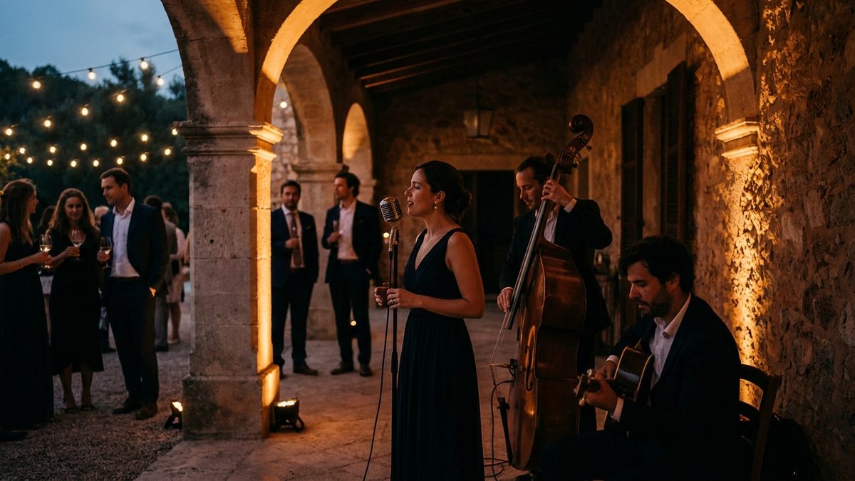 A jazz trio with double bass, guitar and vocalist playing under an amber-lit stone arch during the cocktail hour at a Mallorcan finca