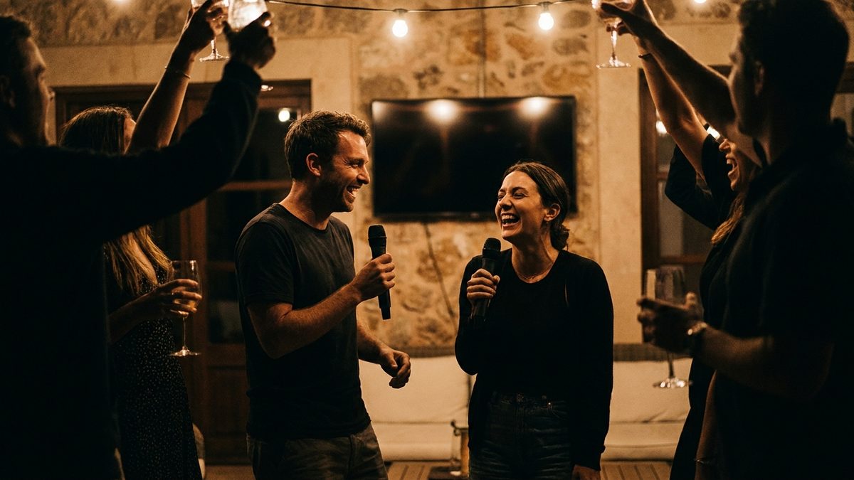 Two guests singing together on wireless microphones at a private party on a Mallorcan villa terrace at night, amber light and friends around them