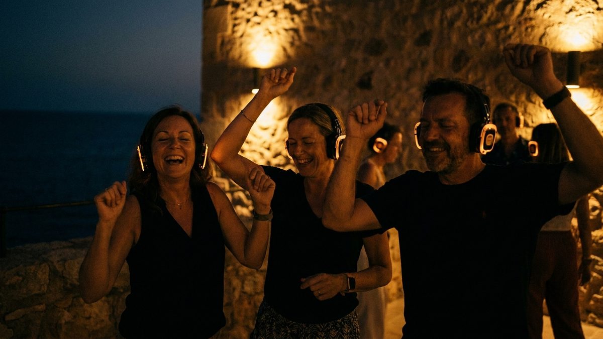 A silent disco on the terrace of a Mallorcan beach club at night: guests dancing in wireless headphones glowing amber, dark sea behind