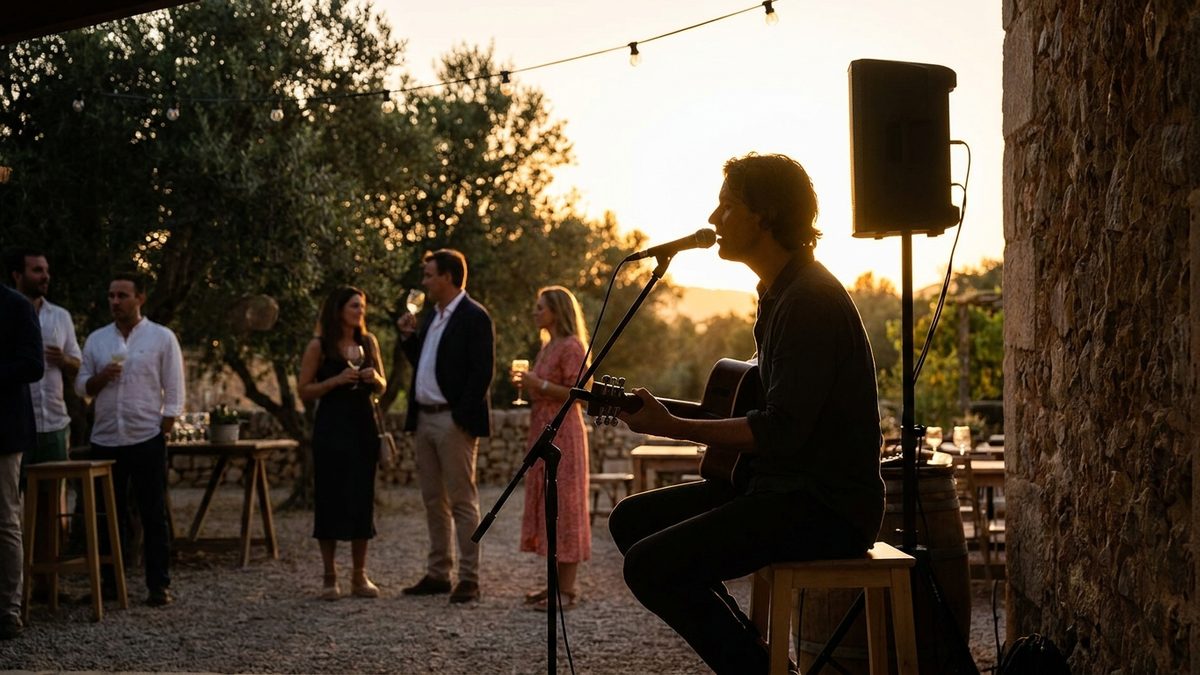 A solo singer with an acoustic guitar performing at the welcome cocktail of a Mallorcan finca at golden hour, guests softly blurred behind