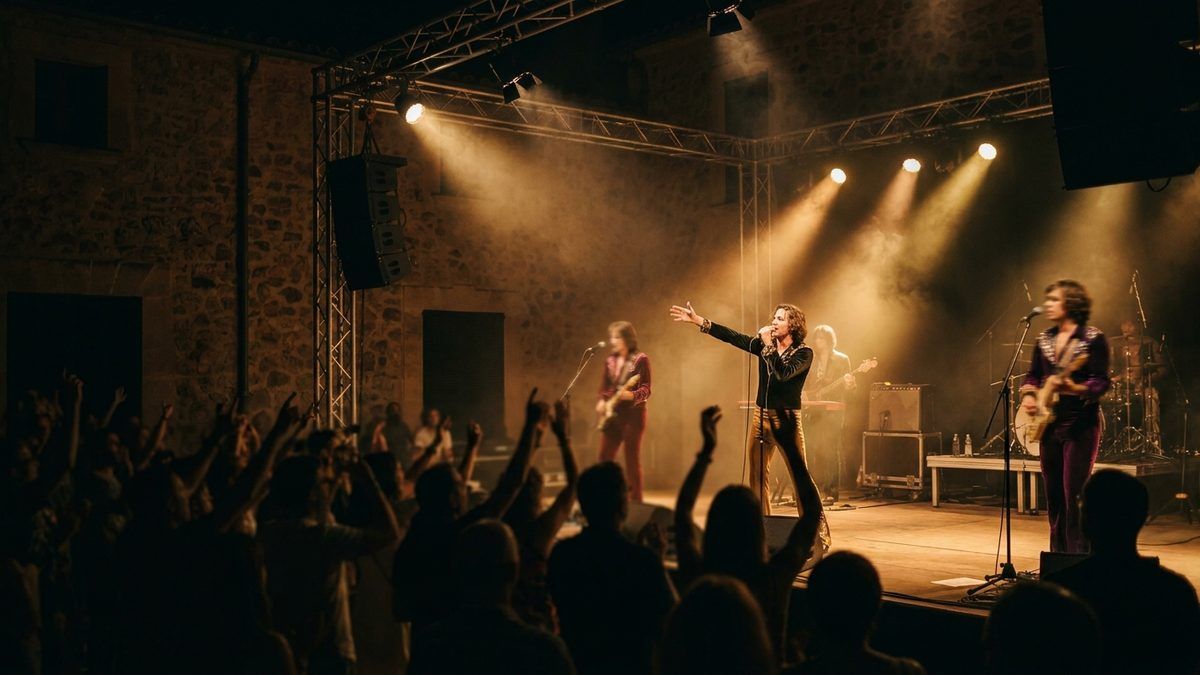 A tribute band in period stage costume performing on an outdoor stage in Mallorca, with amber beams cutting through haze from an overhead truss
