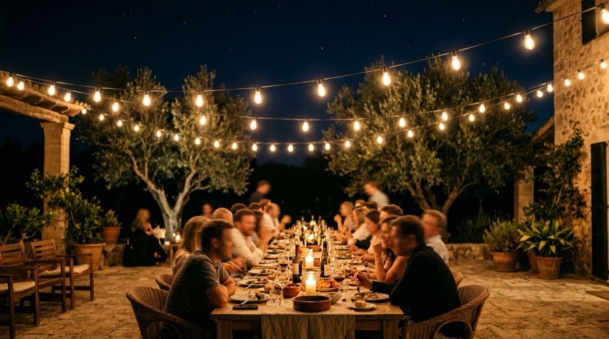 Warm festoon bulbs hung in a catenary above a long table on the terrace of a Mallorcan finca