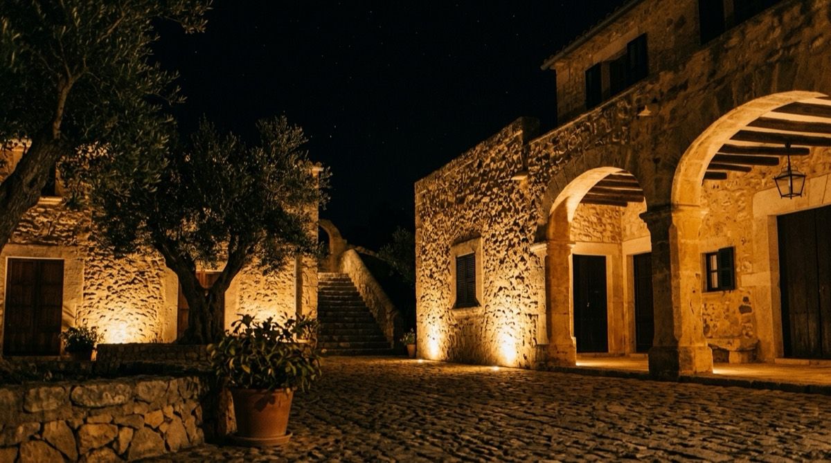 Warm uplighting from the ground grazing a marés stone wall in the courtyard of a Mallorcan finca at night