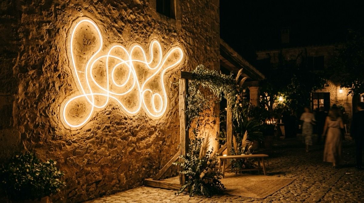 A warm neon sculpture lighting a finca stone wall next to a wooden photocall structure