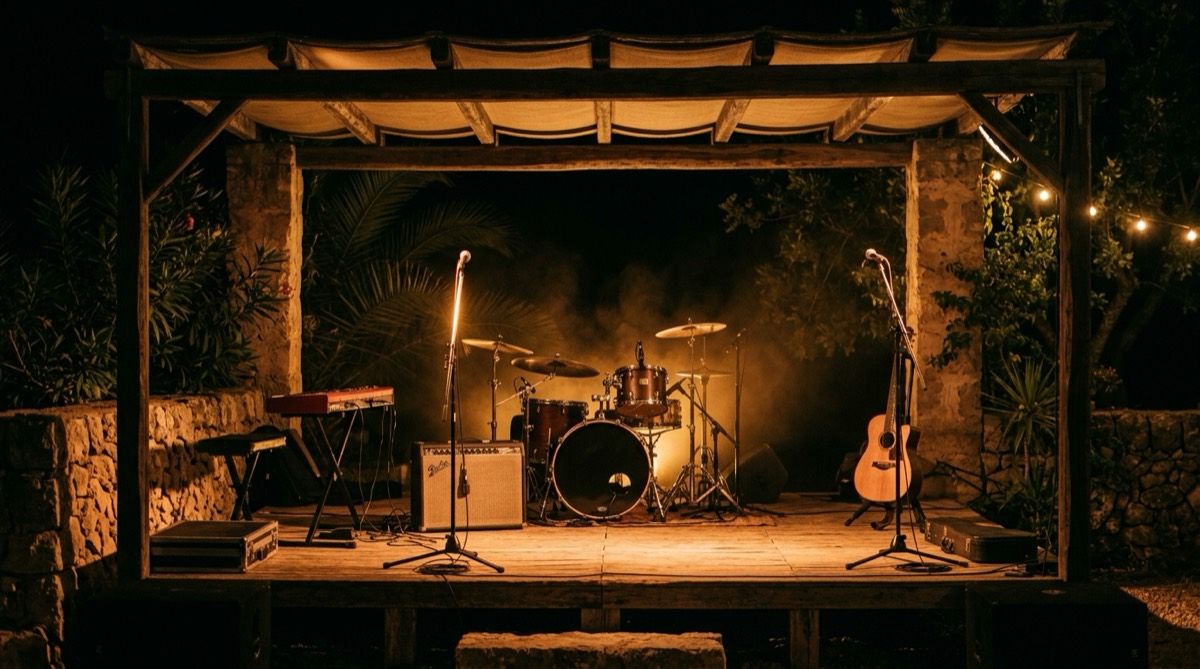 An outdoor finca stage set for a live act, with warm front light on the instruments and amber backlight