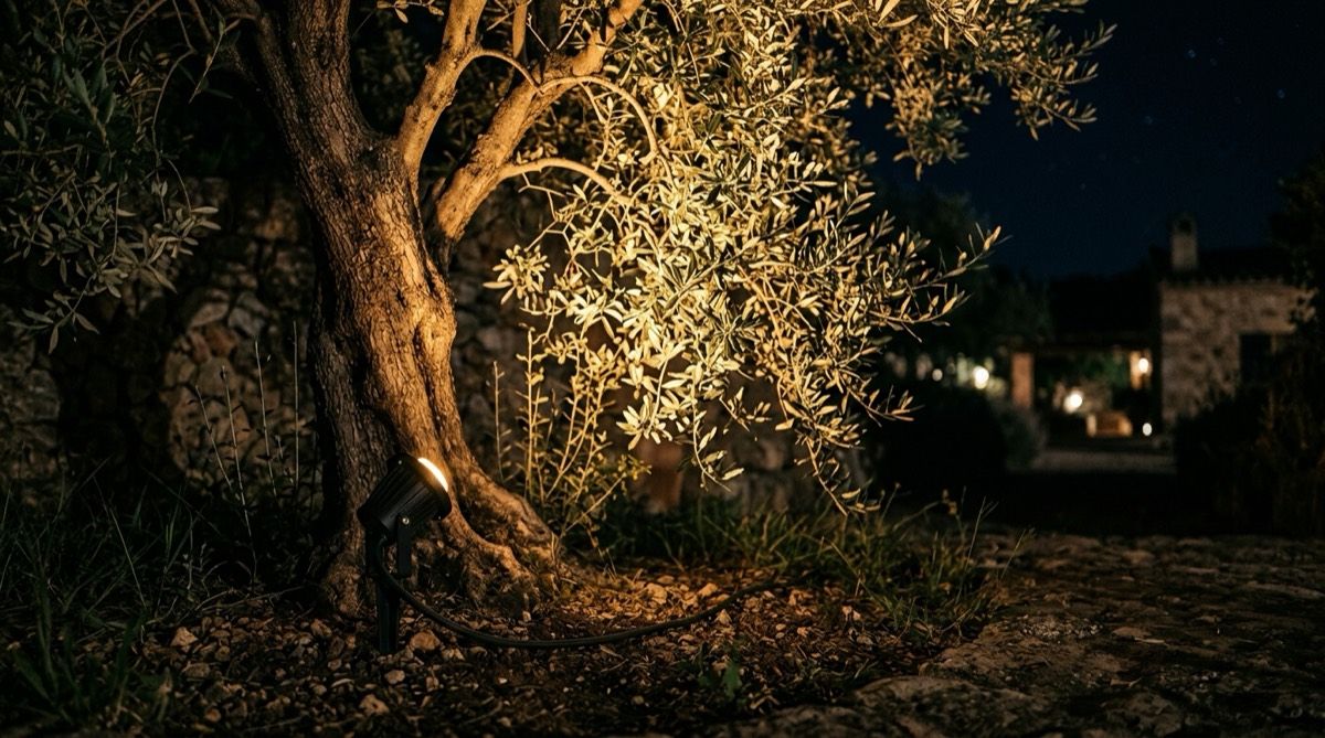 A weatherproof LED fixture on a spike at the foot of an olive tree, with protected cabling and amber light rising into the leaves