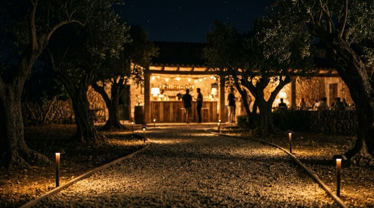 Garden markers lighting a gravel path between olive trees, with a softly lit outdoor bar behind