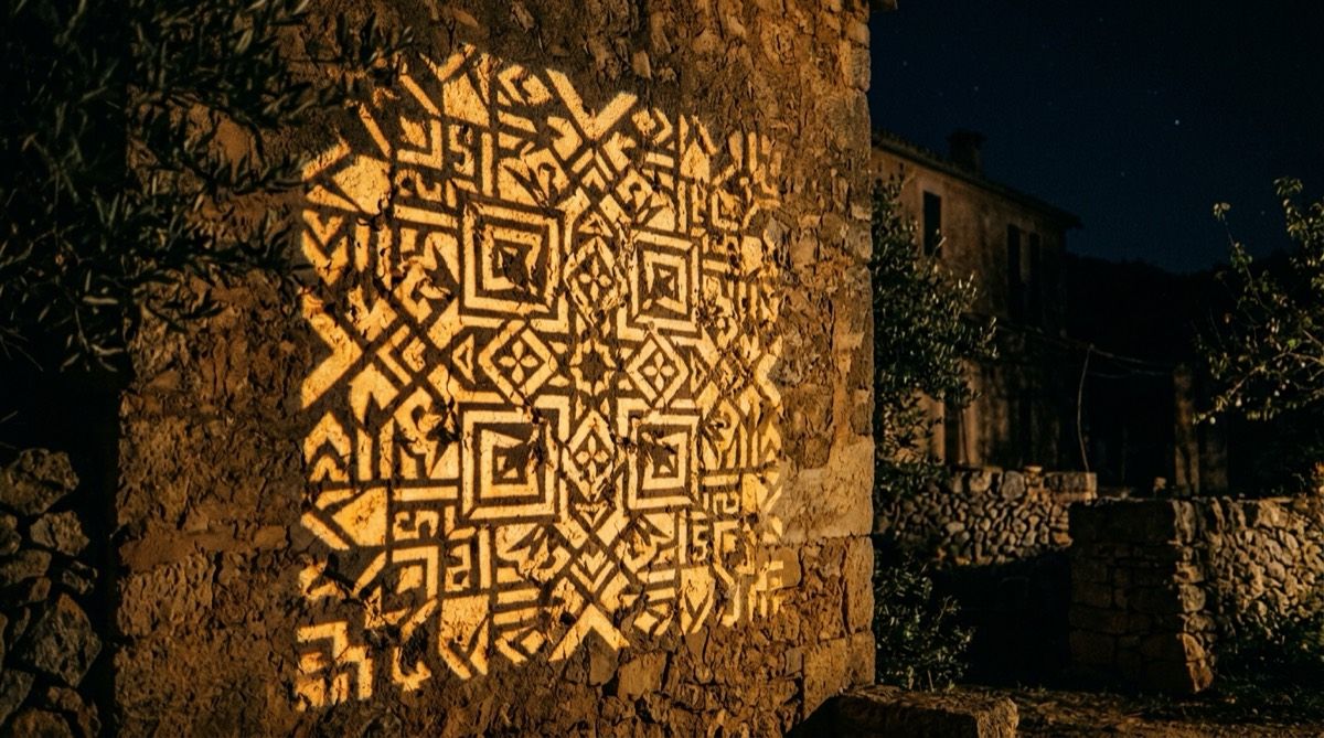 A geometric pattern projected in warm light onto the stone wall of a Mallorcan finca at night