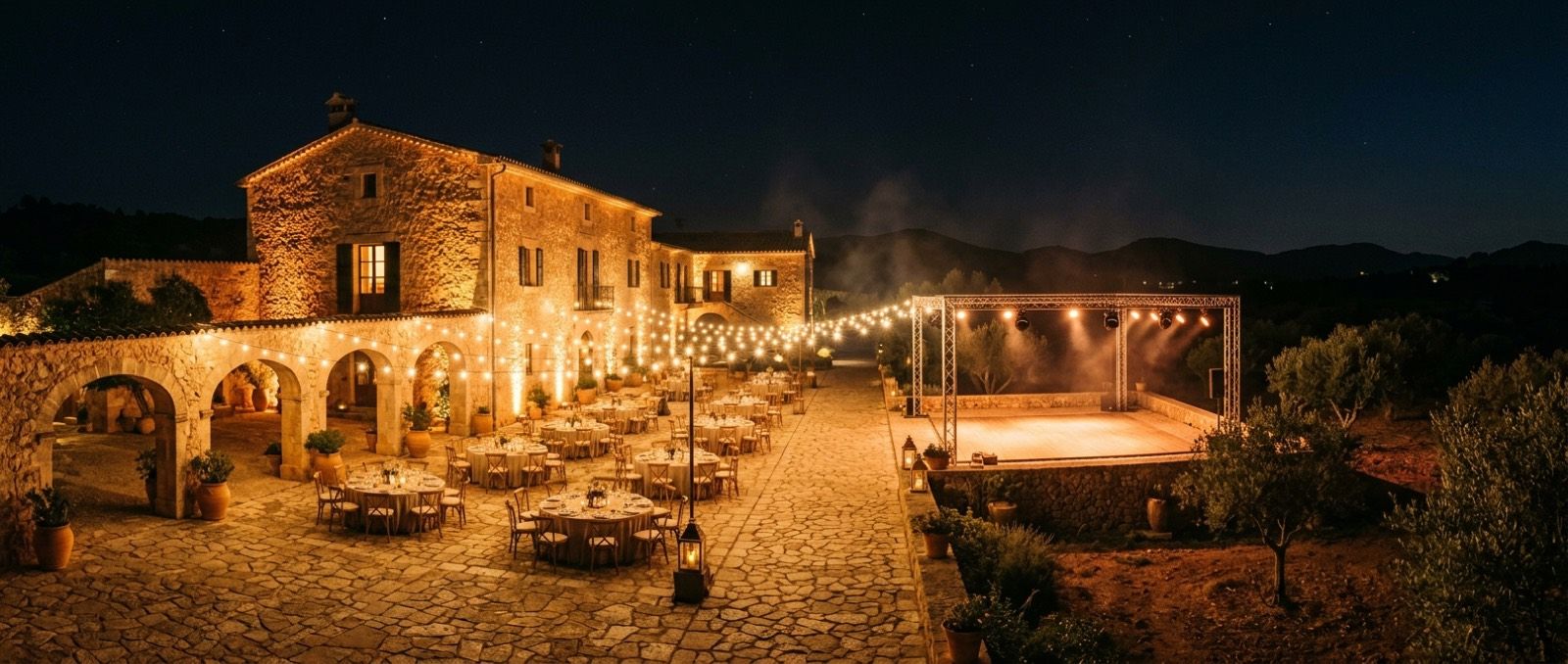 Mallorquinische Finca bei Nacht mit warmem Uplighting an Natursteinmauern und LED-Scheinwerfern über der Tanzfläche