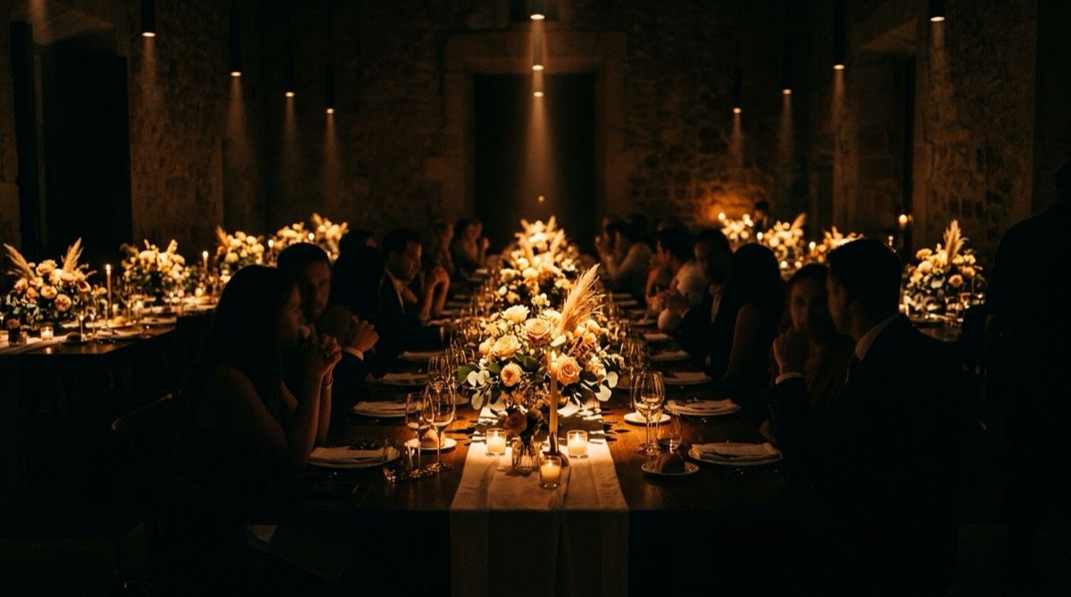 Narrow pinspot beams dropping from above onto the floral centrepieces of a banquet table, with the rest of the room in darkness