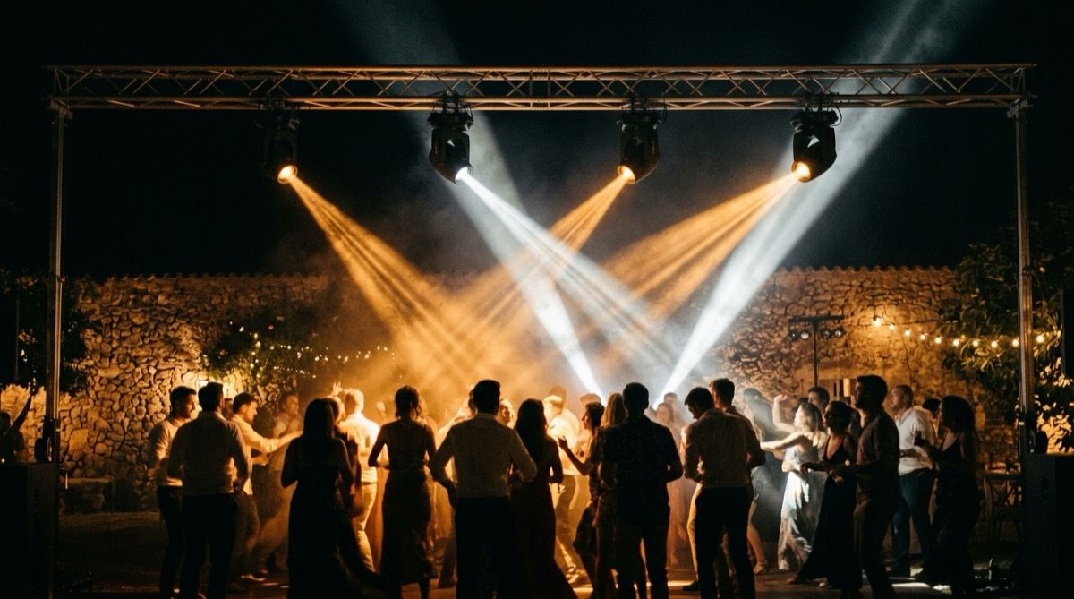 Moving heads on a truss projecting defined amber and white beams through haze over an outdoor dance floor