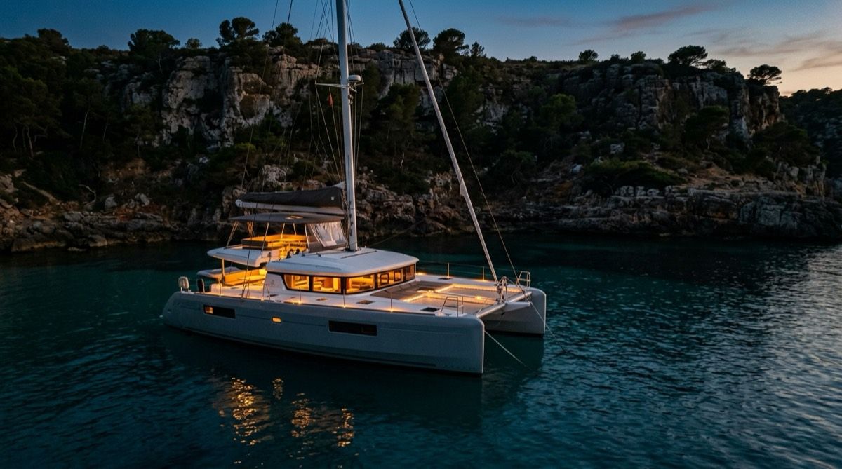 A sailing catamaran anchored in a Mallorcan cove at dusk, with warm deck lighting