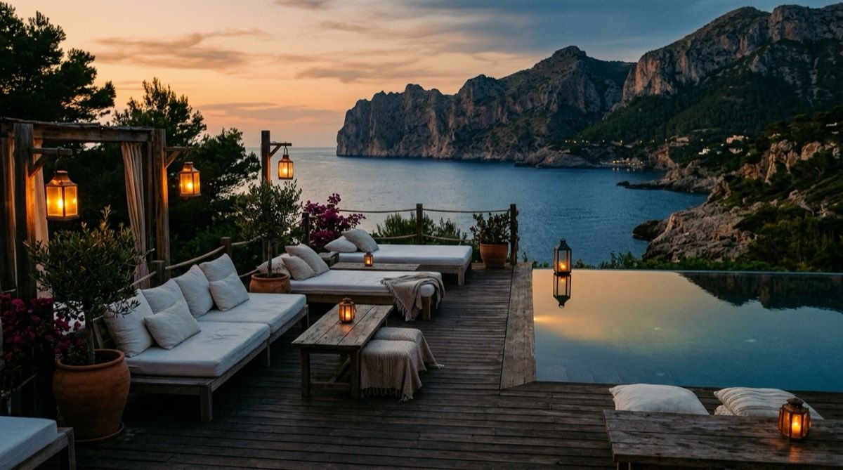 A Mediterranean beach club terrace at dusk with daybeds, a pool and the sea behind