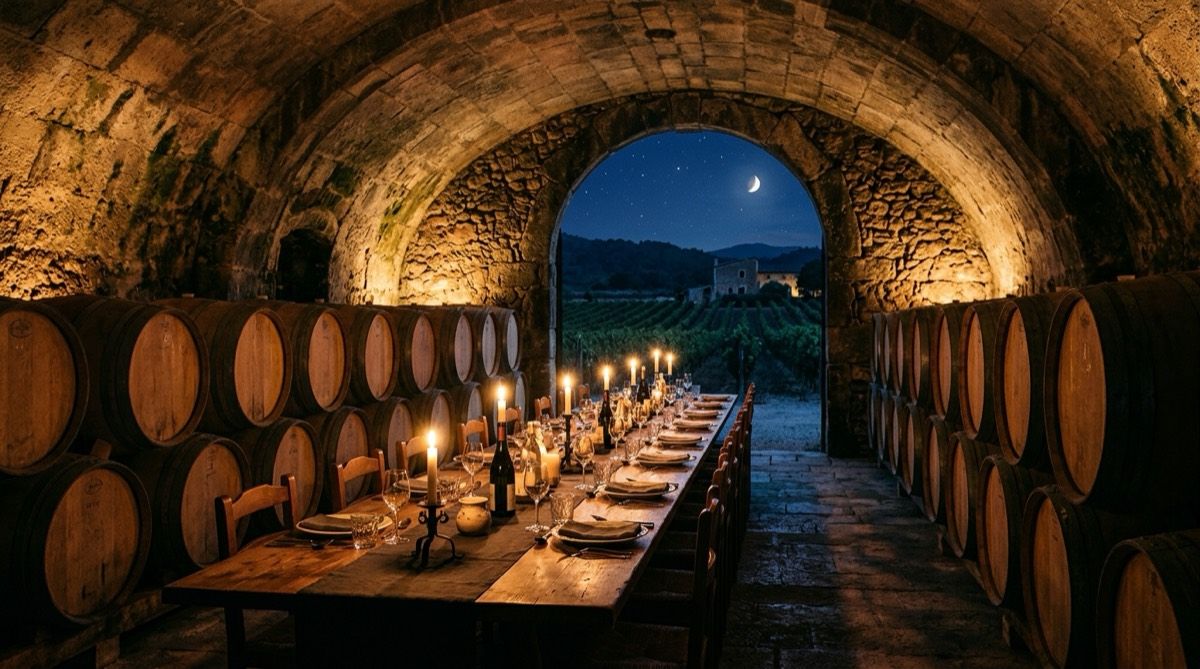 A long table set between oak barrels in a vaulted Mallorcan winery, with the vineyard visible behind