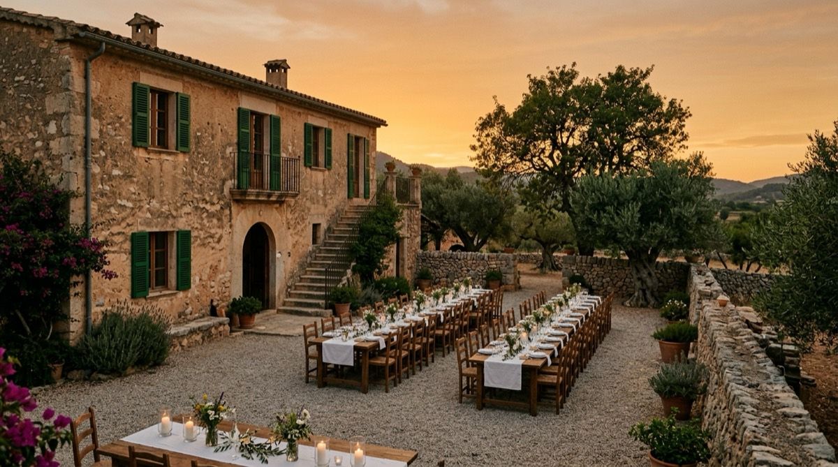 A Mallorcan stone possessió with a cobbled courtyard, centenary olive trees and long tables set outdoors at nightfall
