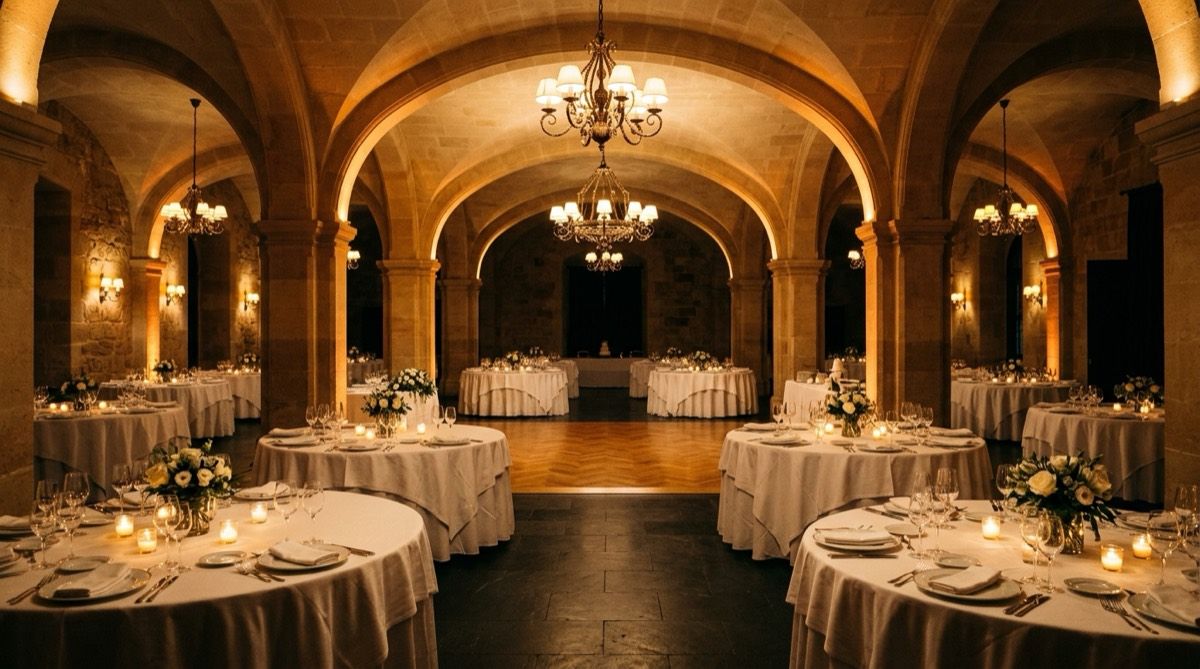 A hotel banqueting room in Mallorca with stone arches, dressed round tables and a dance floor