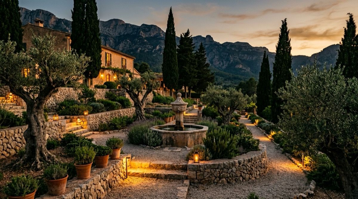 A terraced Mediterranean garden at a Mallorcan estate at dusk, with cypresses, olive trees and the mountains behind