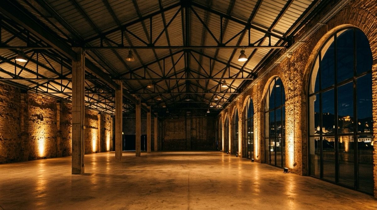 A converted industrial warehouse event space with exposed steel trusses and walls washed in amber light
